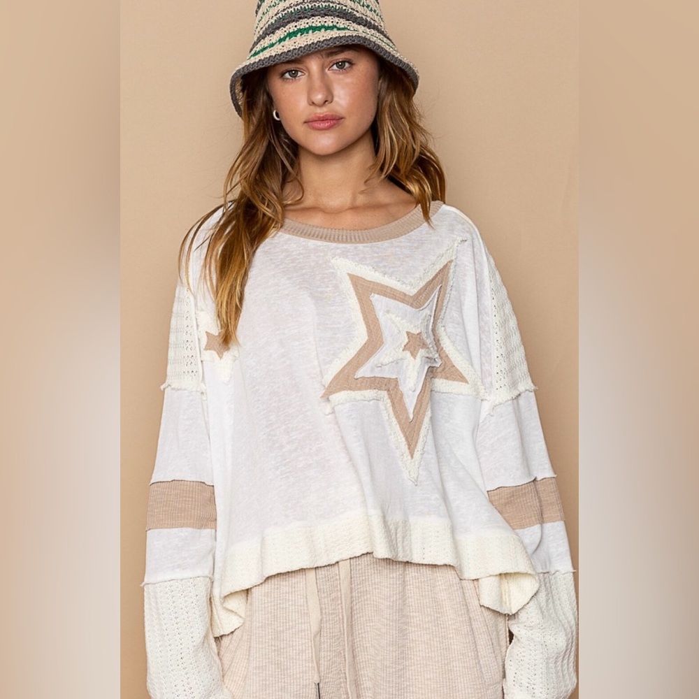 POL Oversized Star Patch Long Sleeve Top in Cream and Beige. Size S